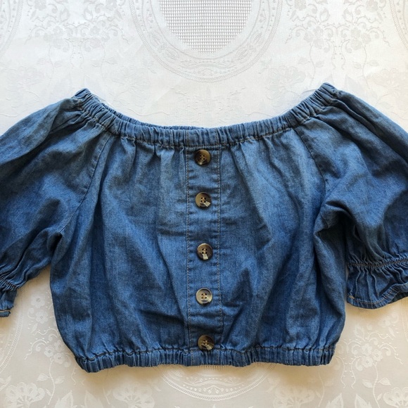 Knit Works Denim Off The Shoulder Cropped Top Girls Size S (7-8) Short Sleeves - Picture 10 of 16